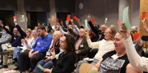 Personer i sal i KAB-Huset med stemmesedler i vejret